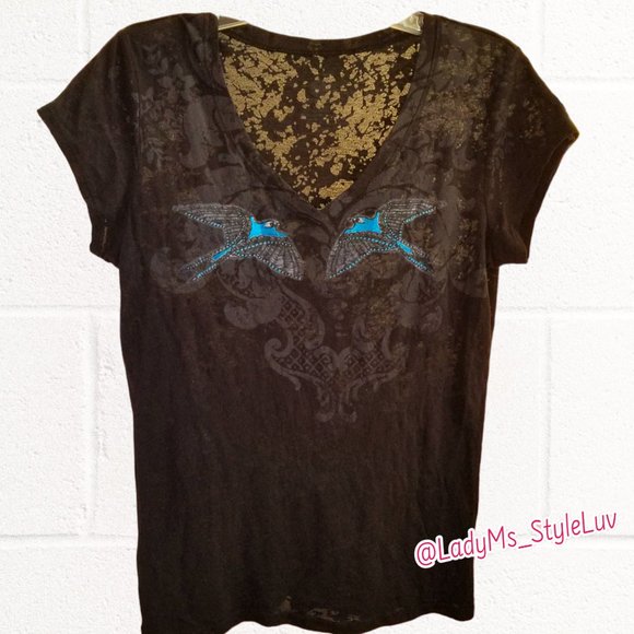 Tshirt Black Semi-sheer Slub-Knit Blue Swallows by Artist Andrea Courchene XXL - Picture 3 of 7